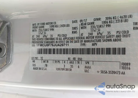 2018 Ford Escape S z USA, uszkodzony, nr VIN 1FMCU0F76JUA29711